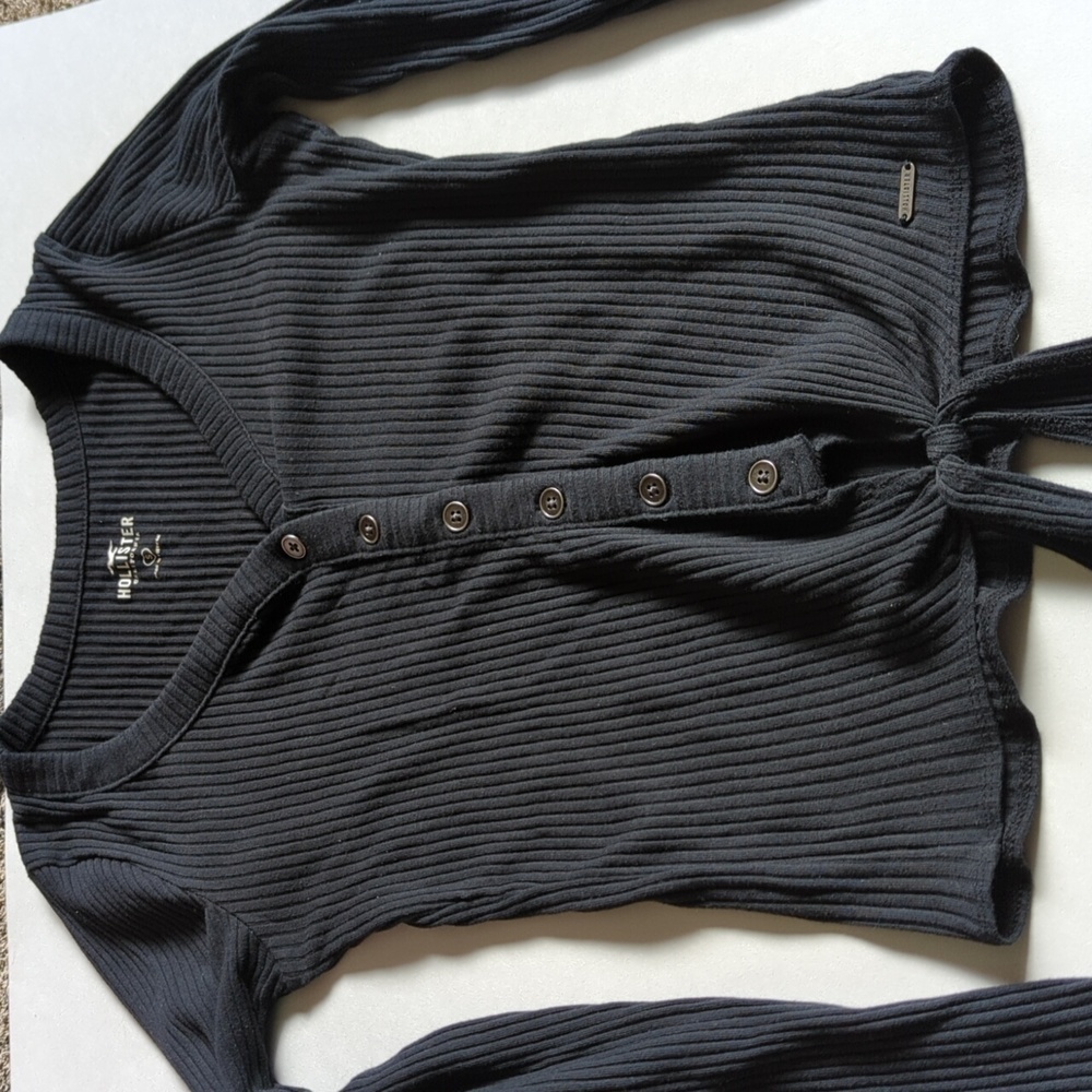 Hollister Ribbed V-Neck Button Down Top Long Sleeve Size Small Front Tie